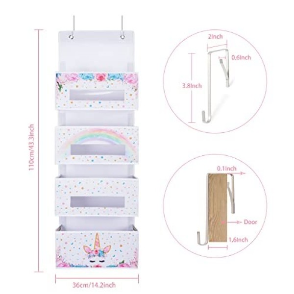 Unicorn Door Rear Hanging Storage Rack - 4 clear window pockets, suitable for baby girl storage, bathroom organization, toy and diaper storage.